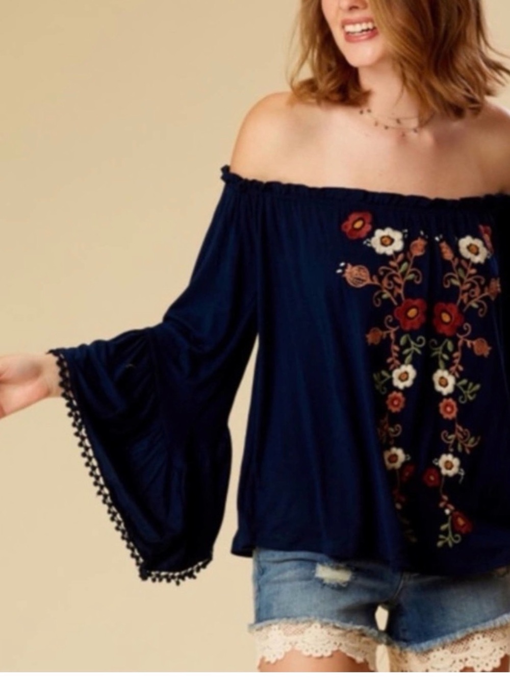 Altar'd State Navy Off-Shoulder Floral Embroidered Tunic